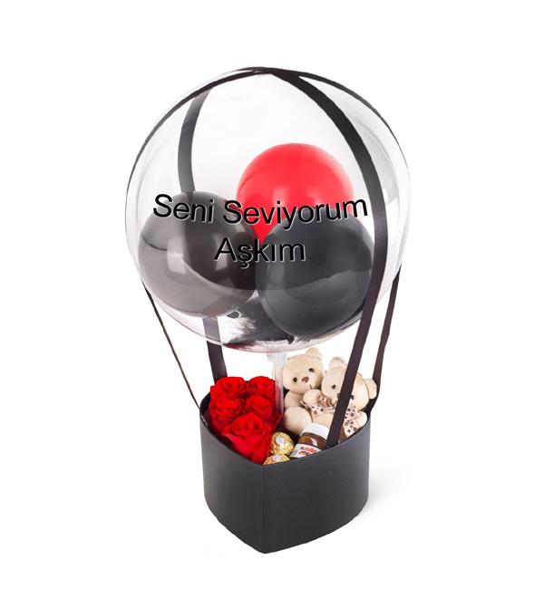 Kutuda Gül Çikolata Ayıcık ve Balonlar