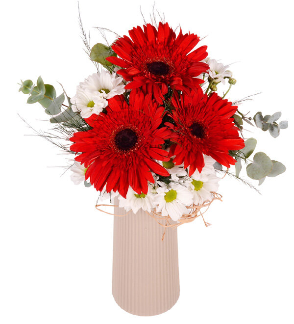 Desenli Bej Vazoda Gerbera ve Papatya