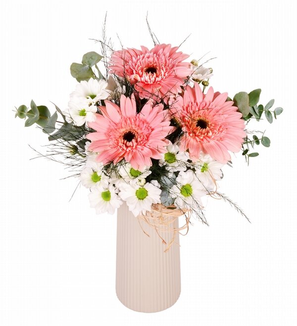 Pembe Gerbera ve Papatya Vazosu