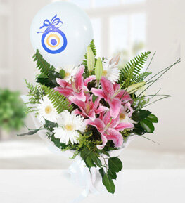 Balonlu Pembe Lilyum ve Gerbera