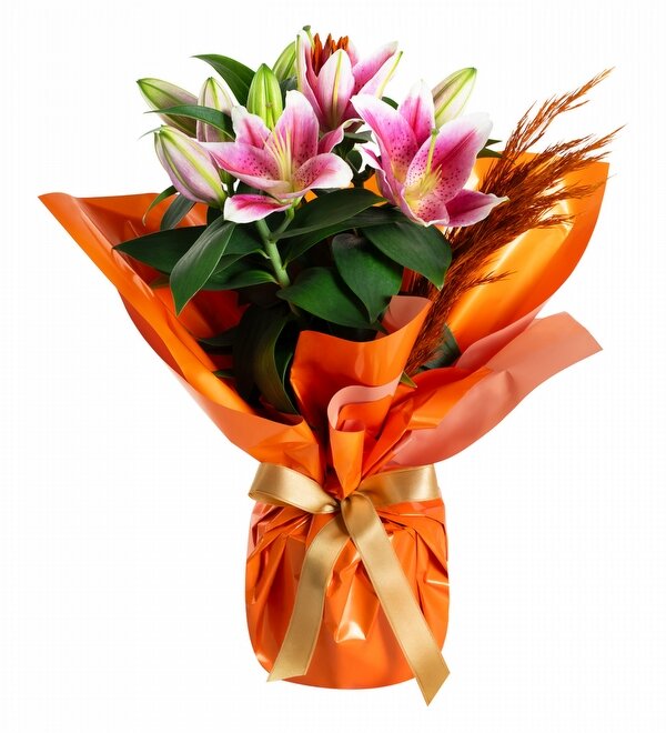 Turuncu Buket Ka��tl� Saks�da Pembe Lilyum