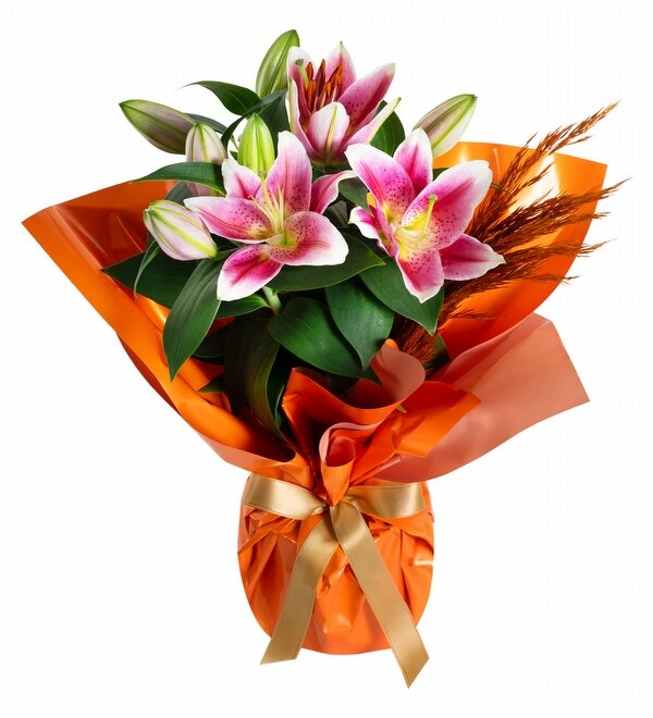 Turuncu Buket Ka��tl� Saks�da Pembe Lilyum