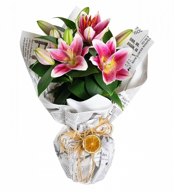 Gazete Desenli Ambalaj Ka��tl� Pembe Lilyum �i�e�i