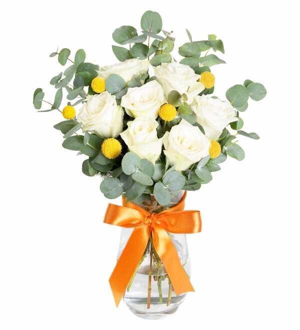 7 li Beyaz G�l ve Okaliptus Aranjman�