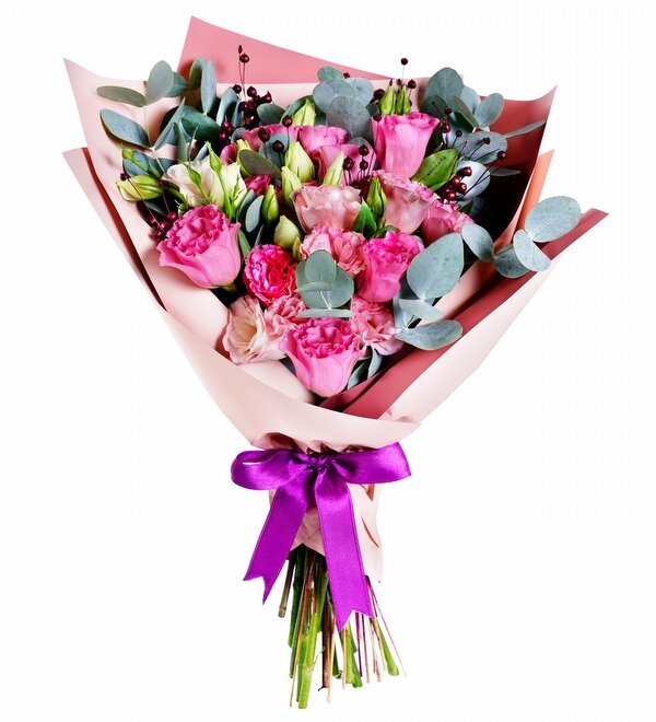 Pembe Ambalajl� Pembe Lisyantus Buketi