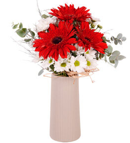 Desenli Bej Vazoda Gerbera ve Papatya