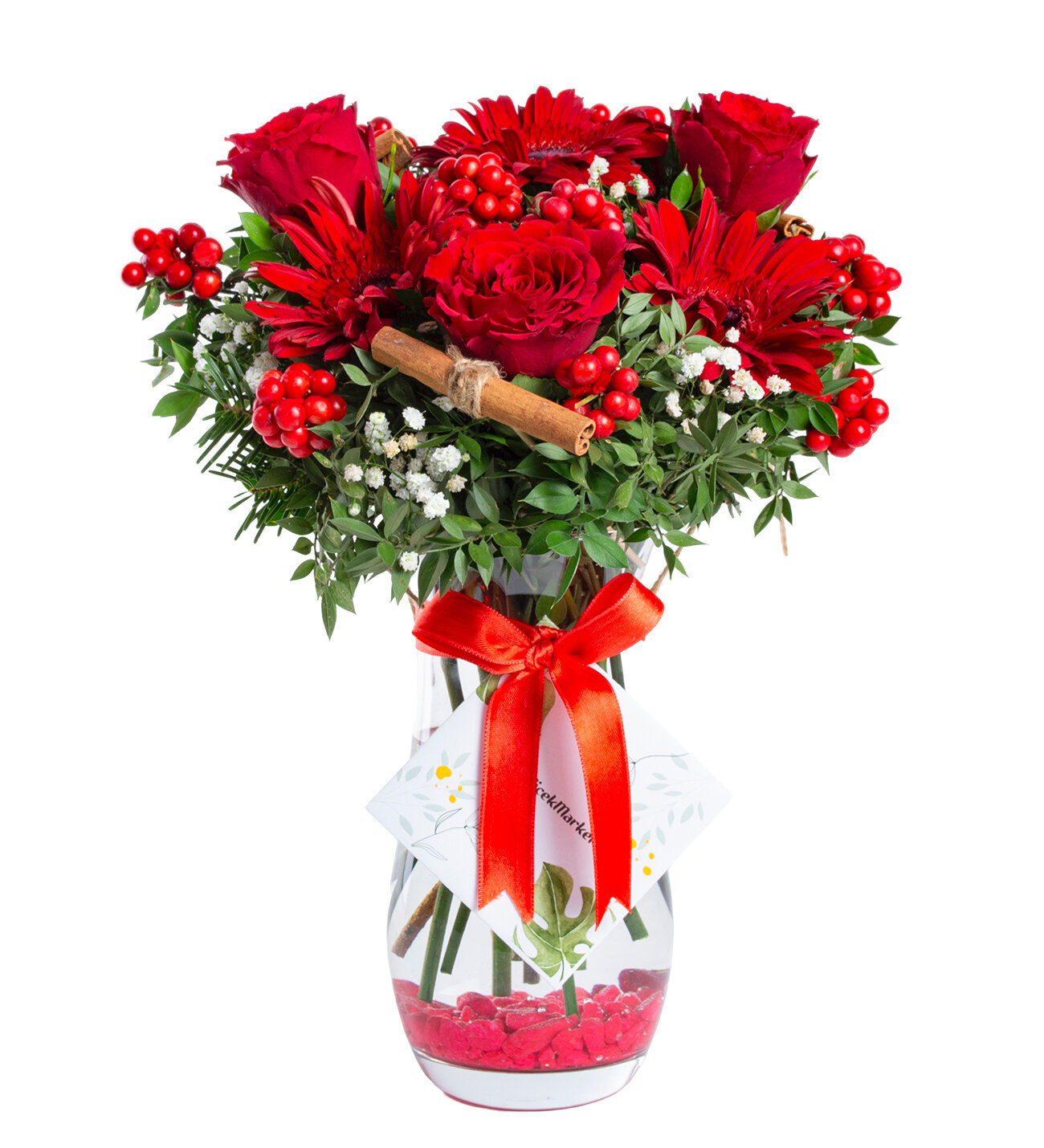 Vazoda Yılbaşı Kokinası Kırmızı Gül Gerbera